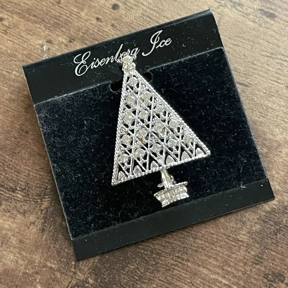 Vintage Eisenberg Ice Christmas Tree Pin Silver Tone Rhinestone Brooch Holiday